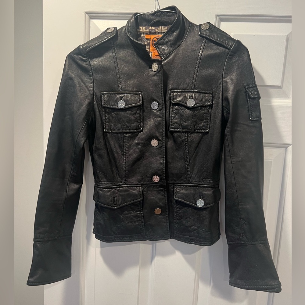 Tory Burch Black Leather Jacket with Silver Buttons